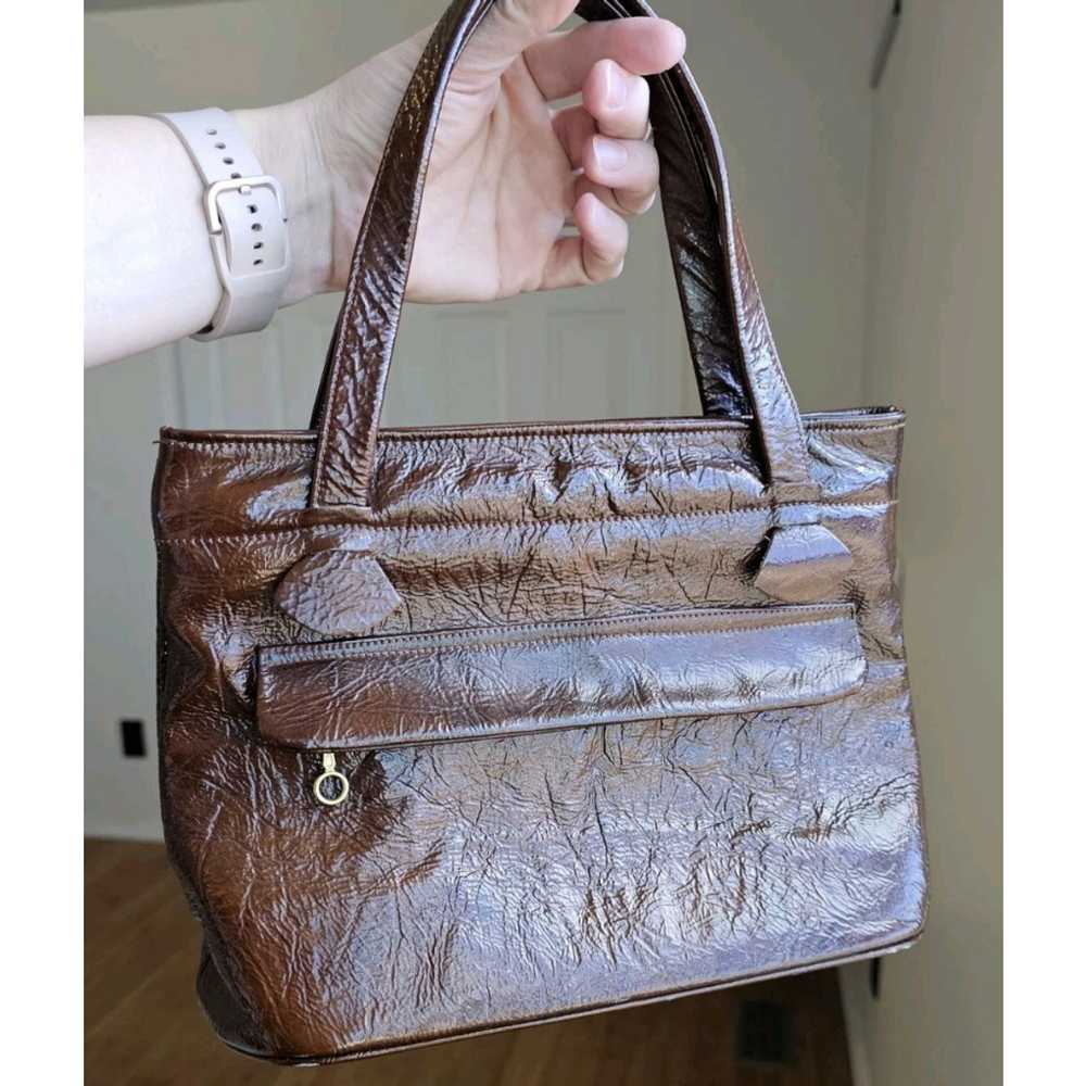 Vintage Justin Shiny Brown Leather Cowhide Women’s Shoulder Handbag CLEAN - Picture 14 of 16